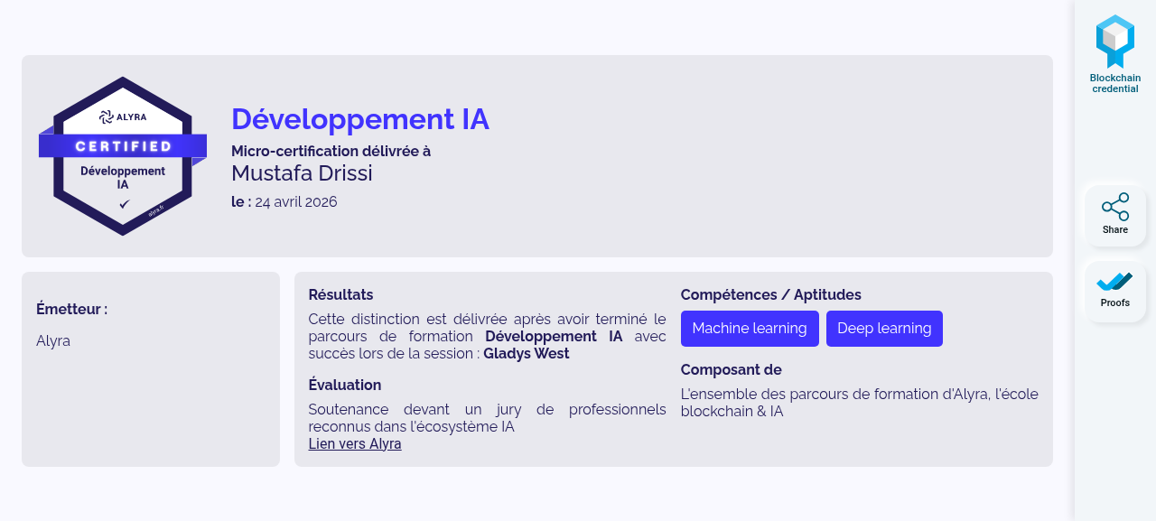 Aperçu du certificat : Certification Développement IA (RNCP 38616 — Blocs 3 & 5)
